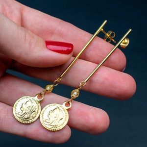 Gold coin earrings dangle, long bar stud earrings, fancy party wear jewelry